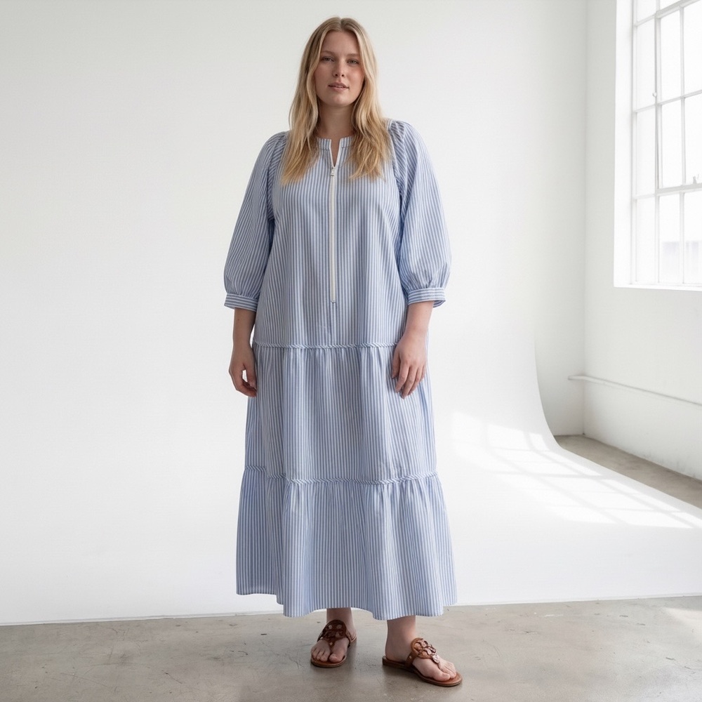 Seersucker Light Blue And White Tiered Maxi Dress With 3/4 Sleeve And Pockets